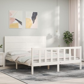 Estructura de cama con cabecero madera maciza blanco 160x200