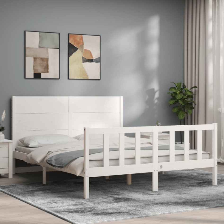 Estructura de cama con cabecero madera maciza blanco 160x200