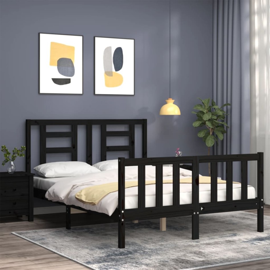 Estructura de cama con cabecero madera maciza negro 140x200