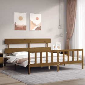 Estructura cama y cabecero madera maciza marrón miel 200x200