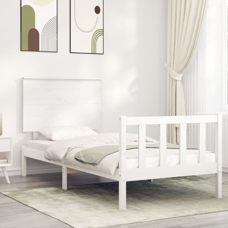 Estructura de cama con cabecero madera maciza blanco 90x200