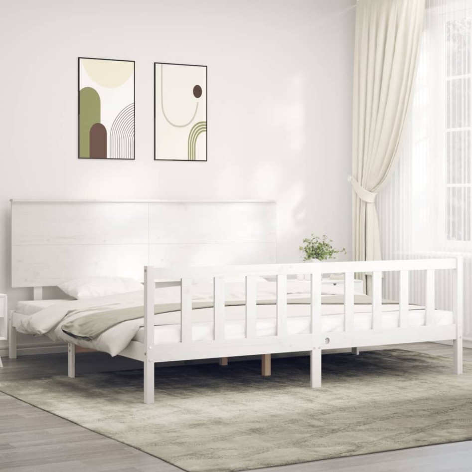 Estructura de cama con cabecero madera maciza blanco 200x200