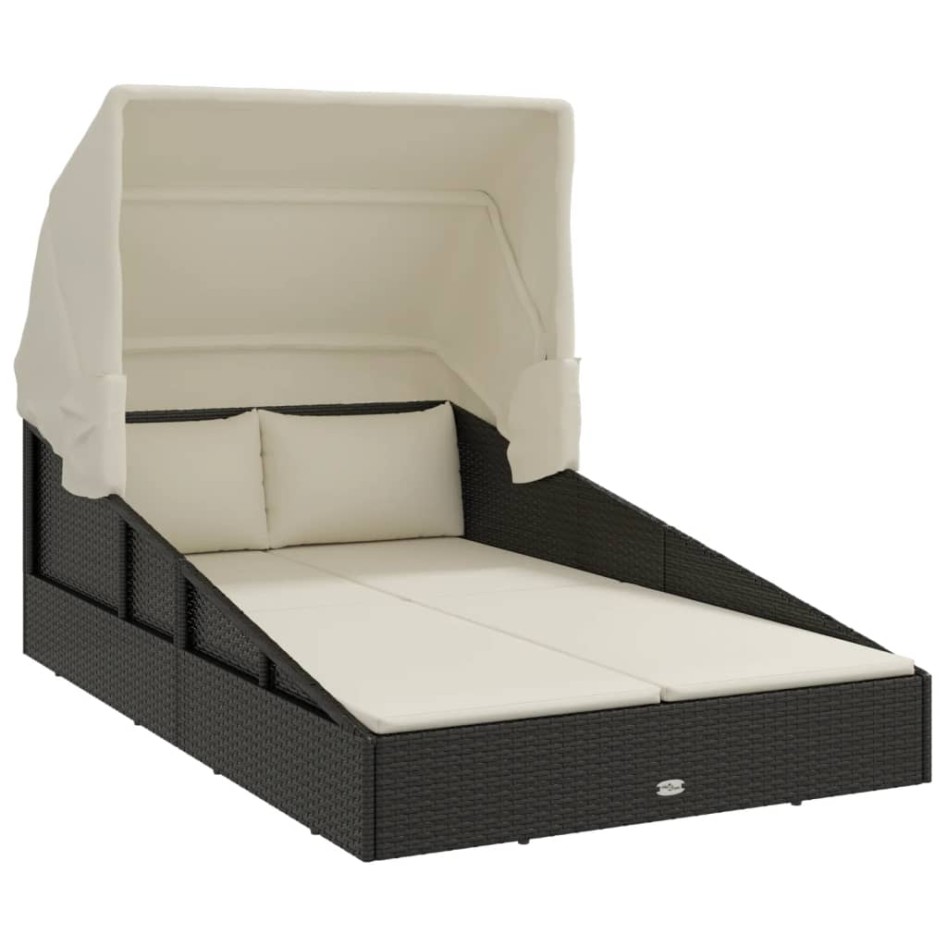 Tumbona con toldo plegable ratán sintético negro 200x114x128