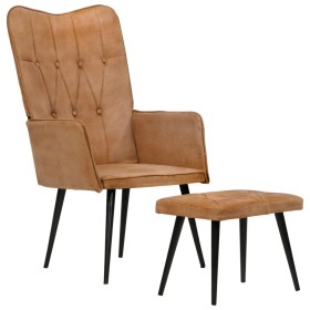 Sillón orejero con reposapiés cuero auténtico marrón