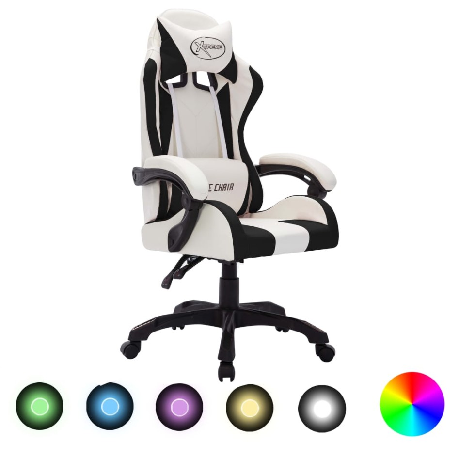 Silla gaming con luces LED RGB cuero sintético blanco y