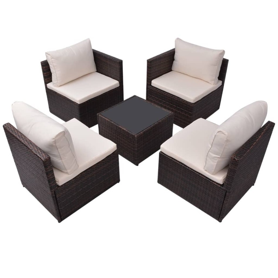 Set muebles de jardín 5 piezas y cojines ratán sintético