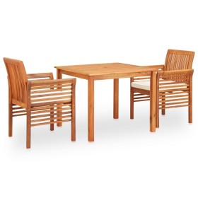 Set comedor de jardín 3 pzas y cojines madera maciza de
