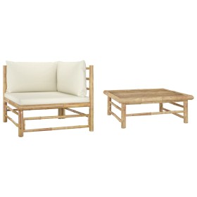 Set de muebles de jardín 2 piezas bambú y cojines blanco