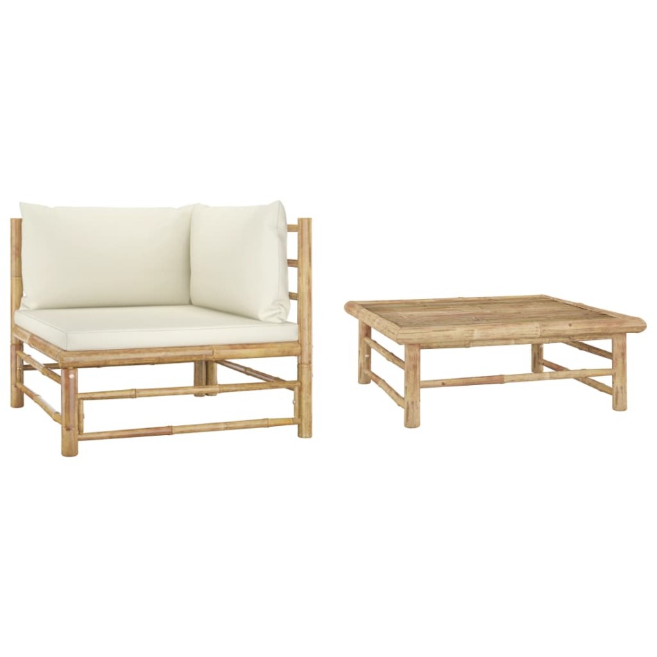 Set de muebles de jardín 2 piezas bambú y cojines blanco