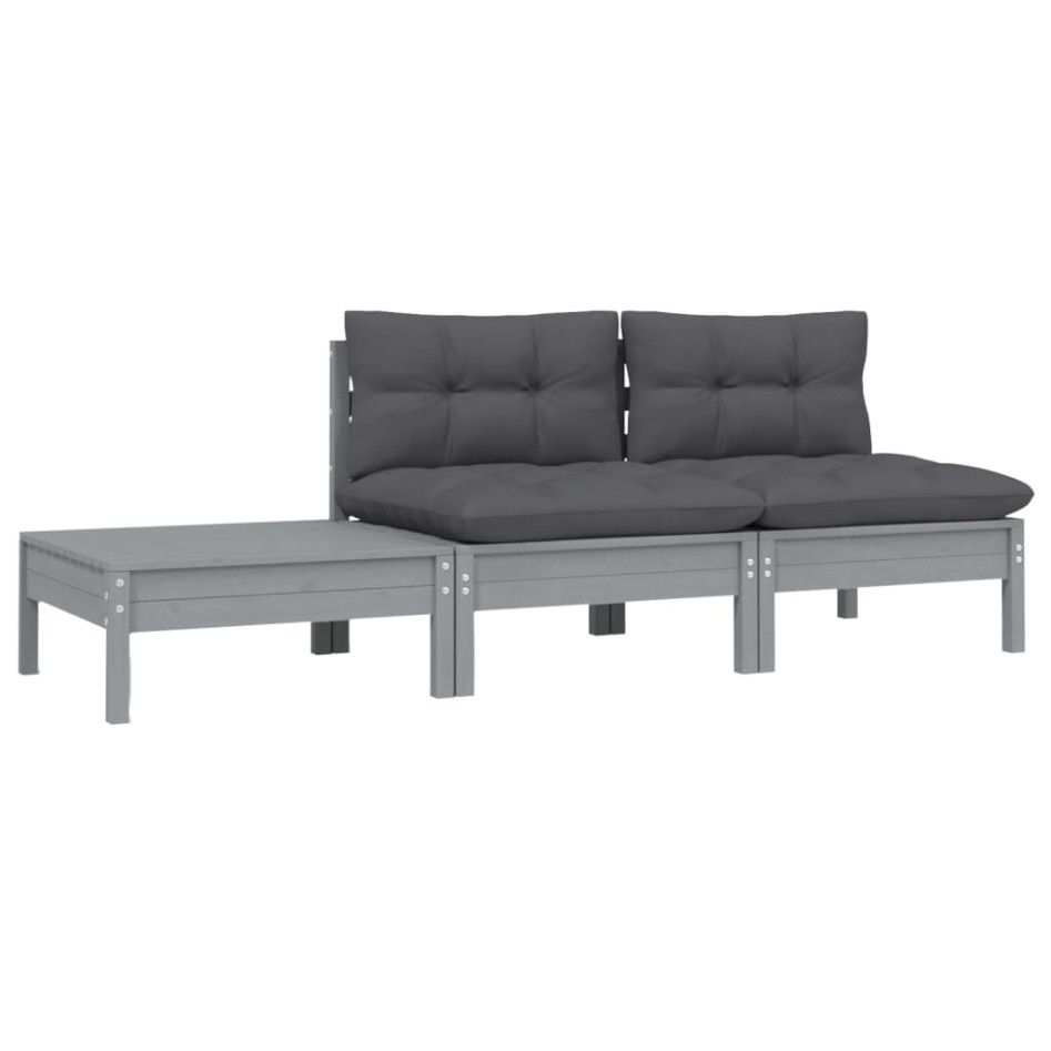 Juego muebles de jardín 3 pzas cojines gris madera pino