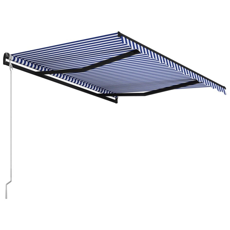 Toldo automático retráctil azul y blanco 300x250