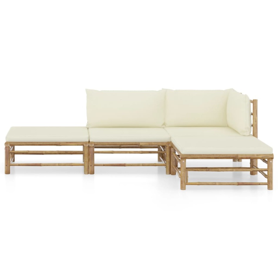 Set de muebles de jardín 4 piezas bambú y cojines blanco