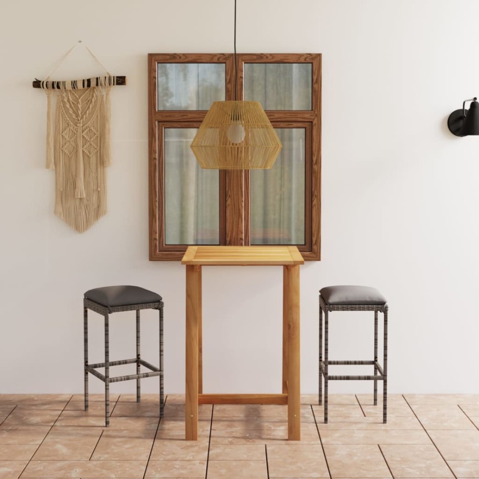 Set de bar para jardín 3 piezas y cojines ratán sintético