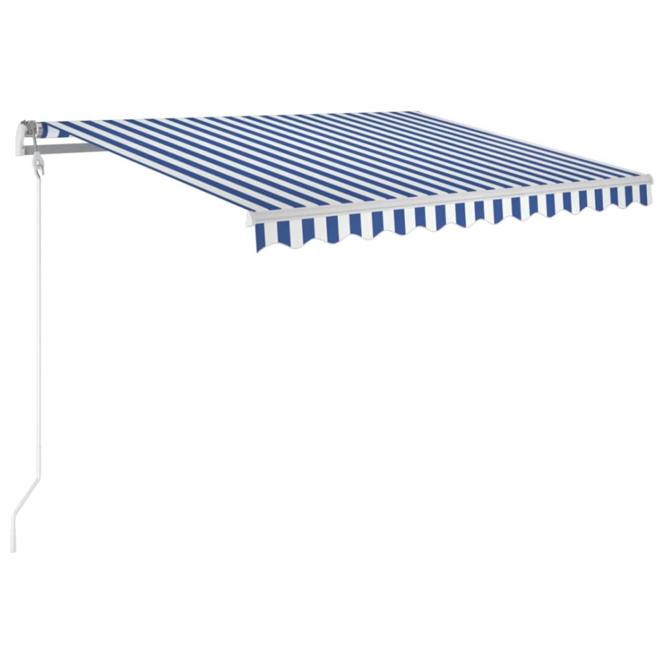 Toldo automático retráctil azul y blanco 300x250