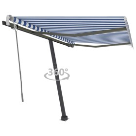 Toldo de pie manual retráctil azul y blanco 300x250