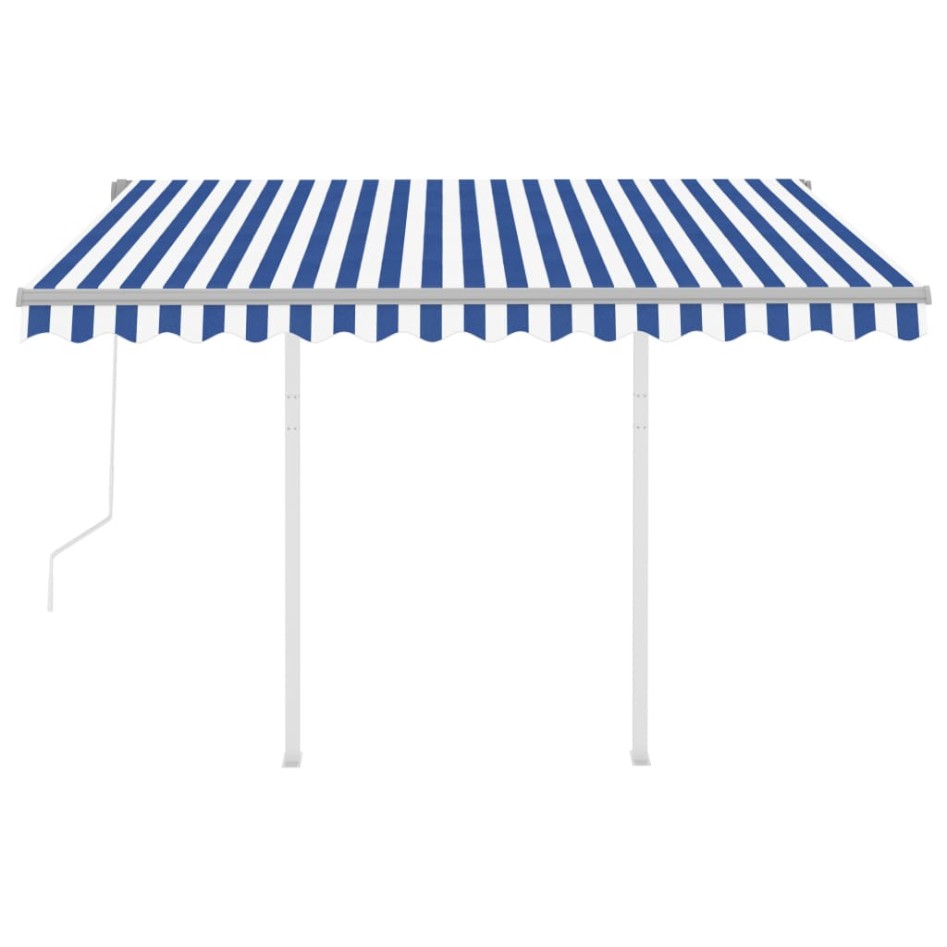 Toldo retráctil automático con postes azul y blanco 3x2,5