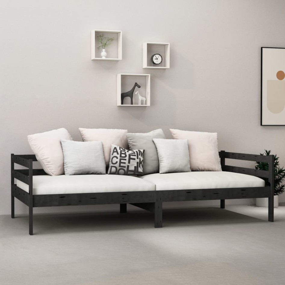 Sofá cama con colchón madera de pino maciza negro 90x200