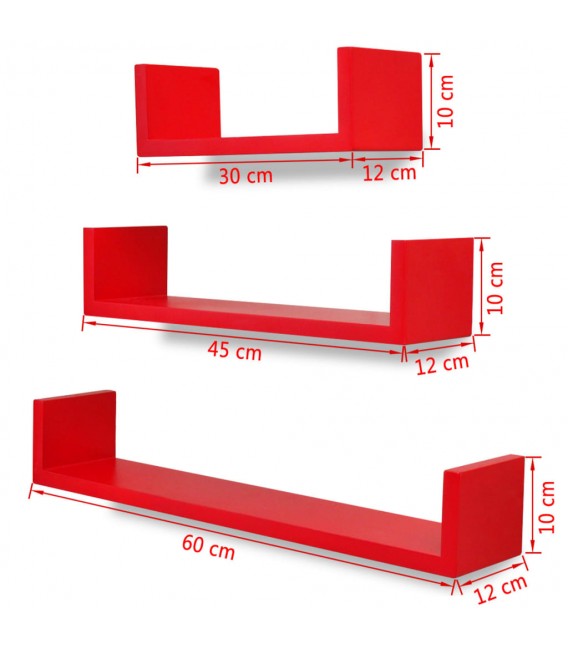 3 estantes exhibidores flotantes de pared en forma U tablero DM rojo