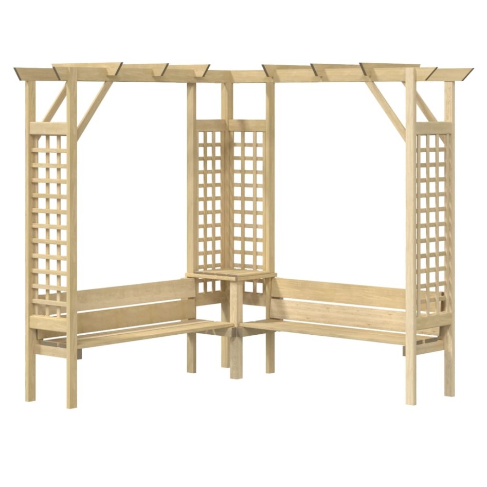 Pérgola de esquina con banco de madera de pino