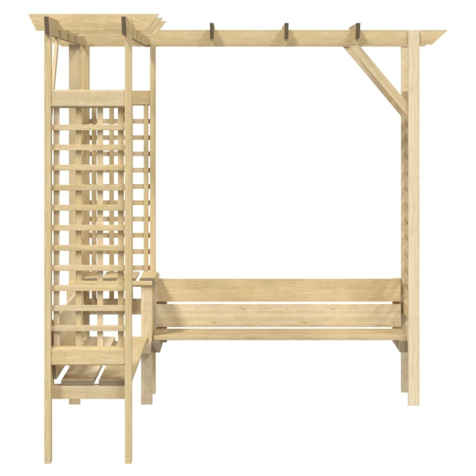 Pérgola de esquina con banco de madera de pino