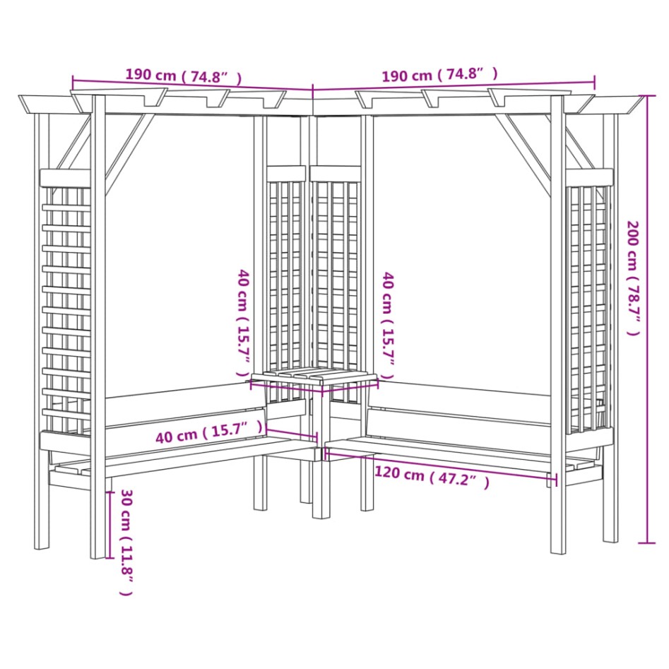 Pérgola de esquina con banco de madera de pino