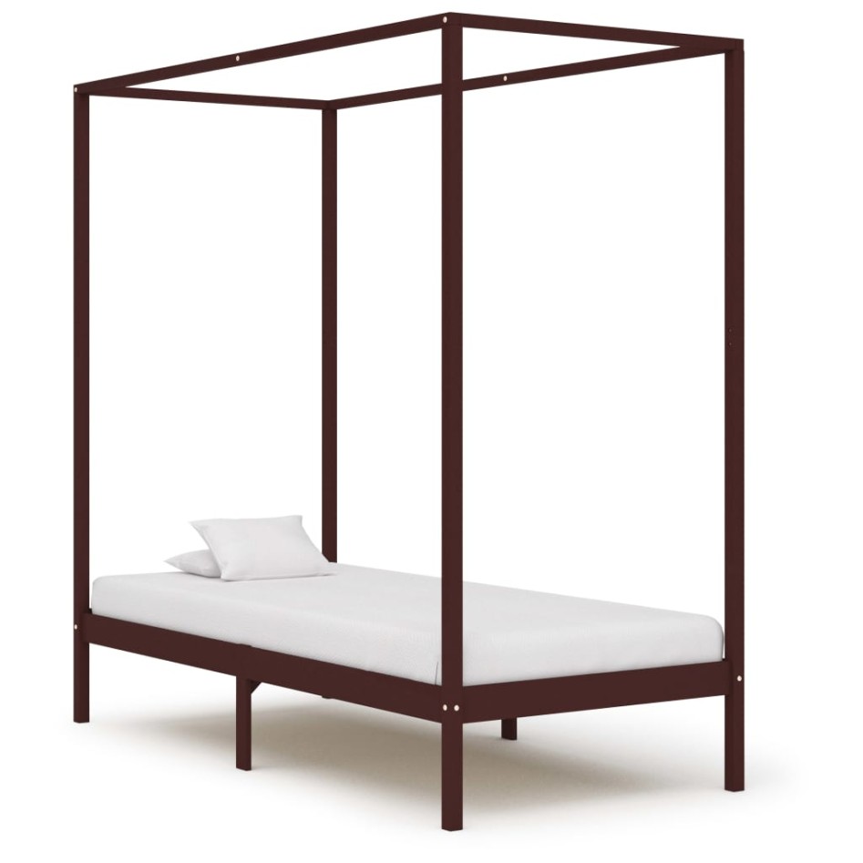 Cama con dosel de madera maciza de pino marrón oscuro 90x200