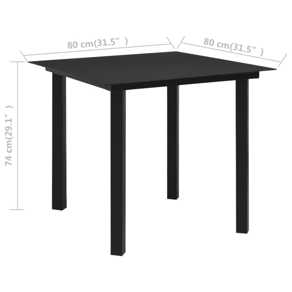 Mesa de comedor de jardín acero y vidrio negra 80x80x74