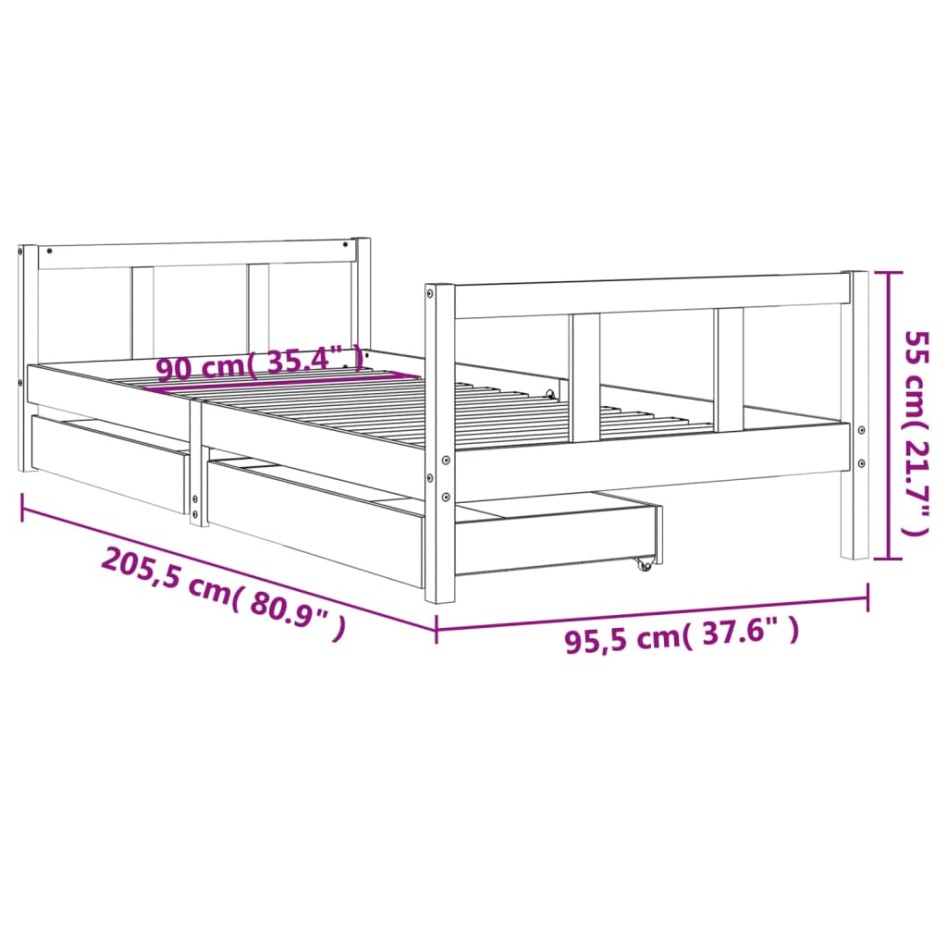Estructura cama niños con cajones madera pino blanco 90x200