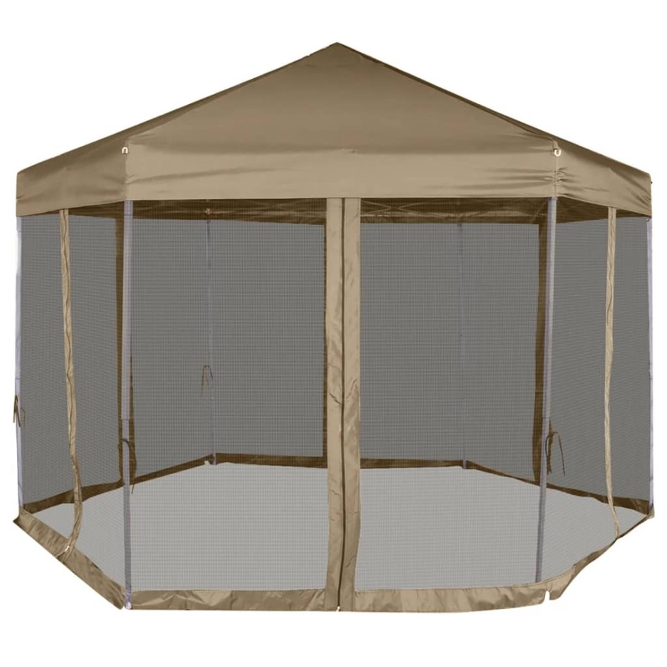 Carpa desmontable hexagonal paredes gris taupe 3,6x3,1m