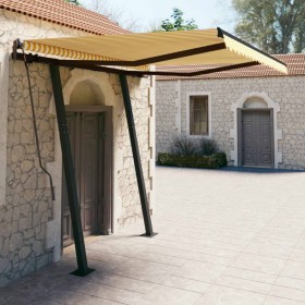 Toldo manual retráctil con postes amarillo y blanco 3,5x2,5