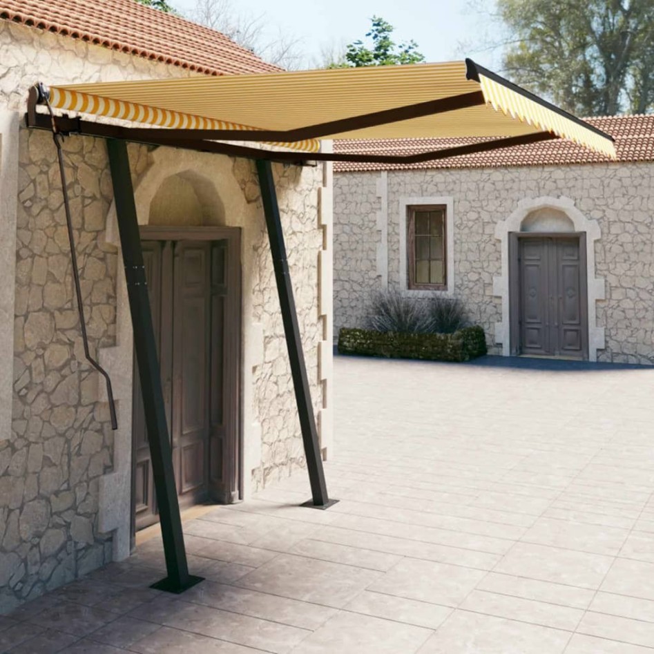 Toldo manual retráctil con postes amarillo y blanco 3,5x2,5