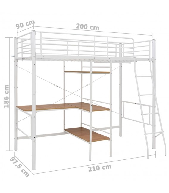 Estructura de litera con mesa de metal blanco 90x200 cm