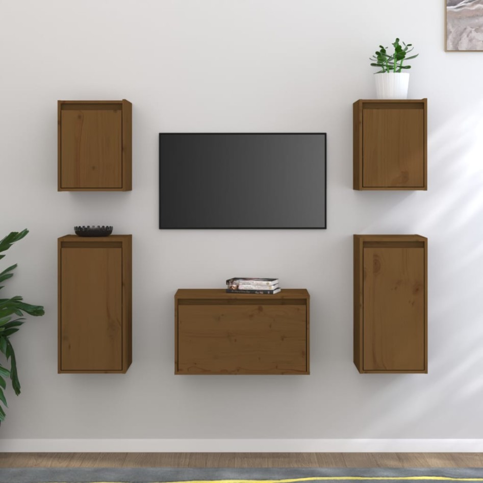 Muebles para TV 5 piezas madera maciza de pino marrón