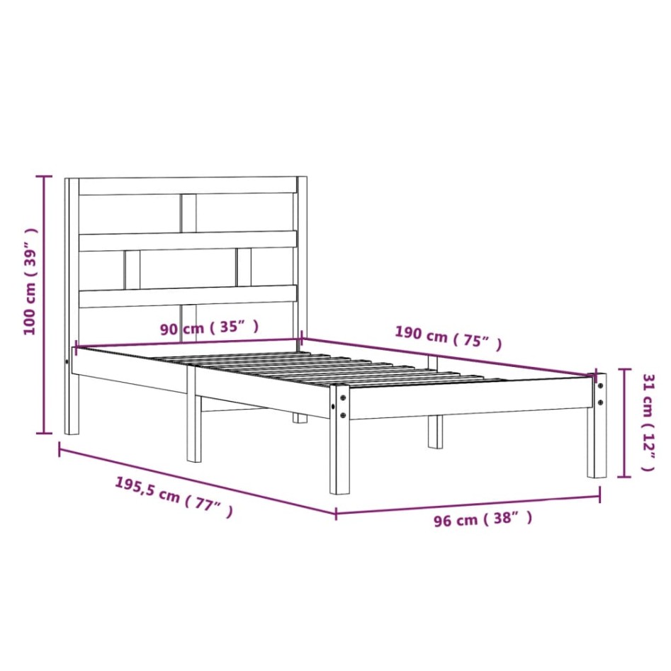 Estructura de cama individual de madera maciza negro 90x190