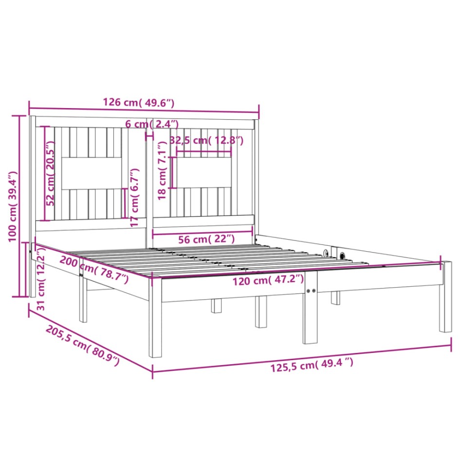 Estructura de cama madera maciza de pino gris 120x200