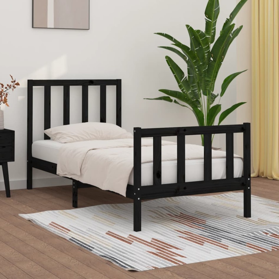 Estructura de cama madera maciza individual negra 75x190