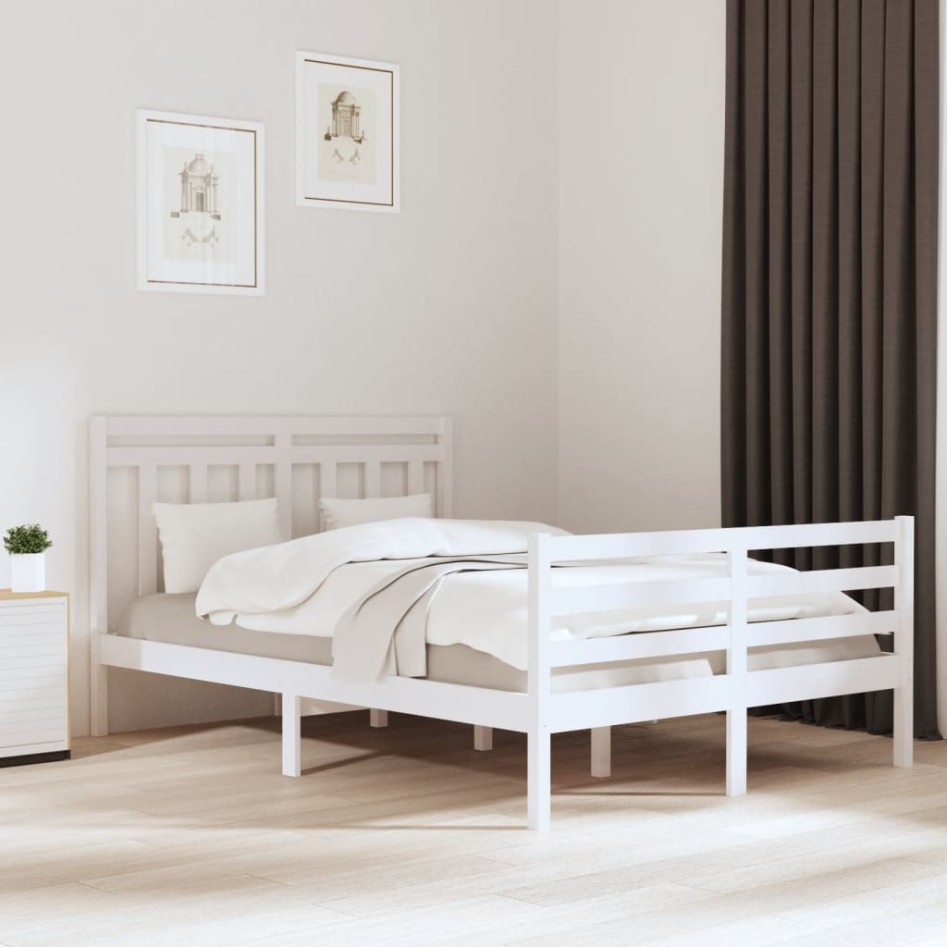 Estructura de cama doble pequeña madera maciza blanca