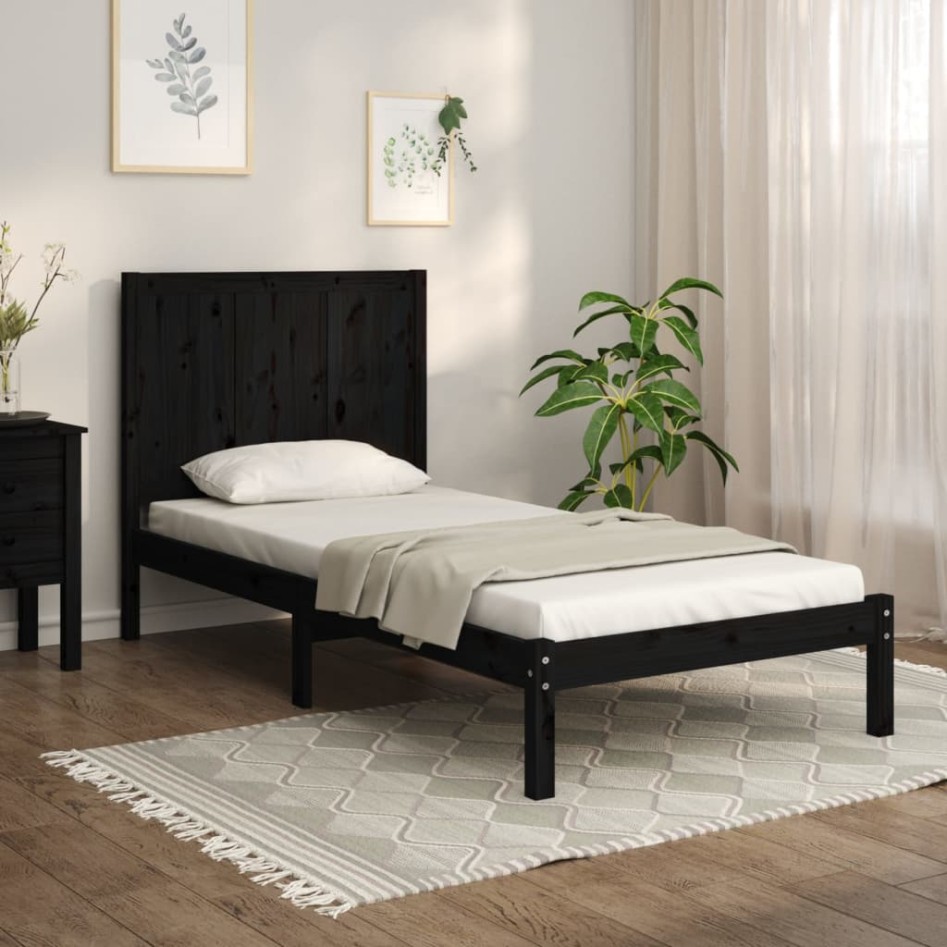 Estructura de cama madera maciza pino individual negro