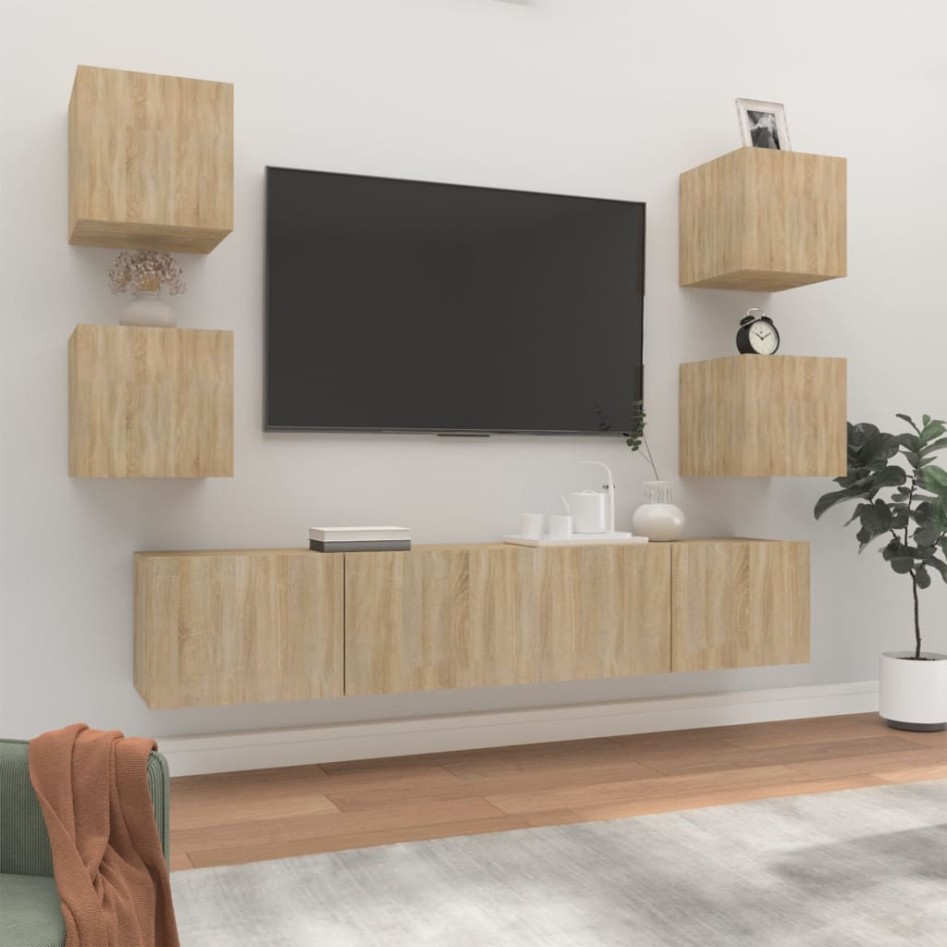 Set de muebles para TV 6 pzas madera contrachapada roble