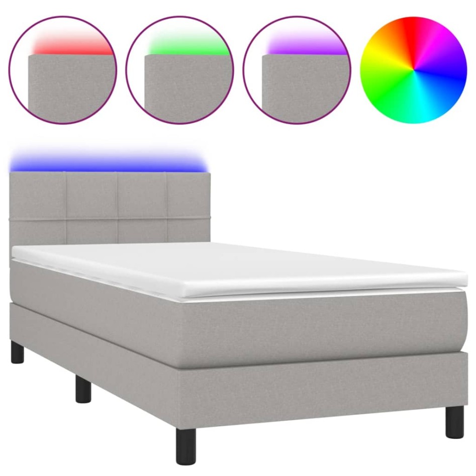 Cama box spring colchón y luces LED tela gris claro 80x200
