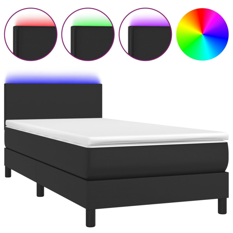Cama box spring y colchón LED cuero sintético negro 80x200