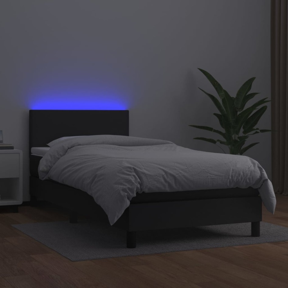 Cama box spring y colchón LED cuero sintético negro 80x200