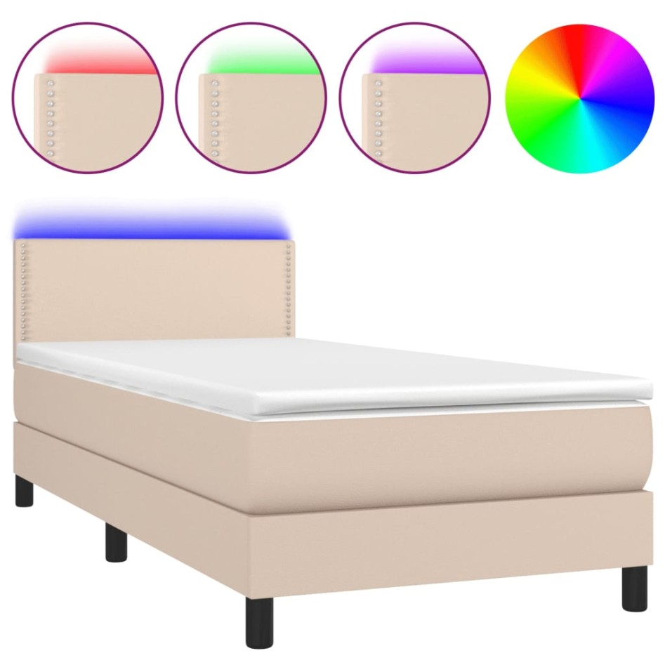 Cama box spring colchón LED cuero sintético capuchino 90x200