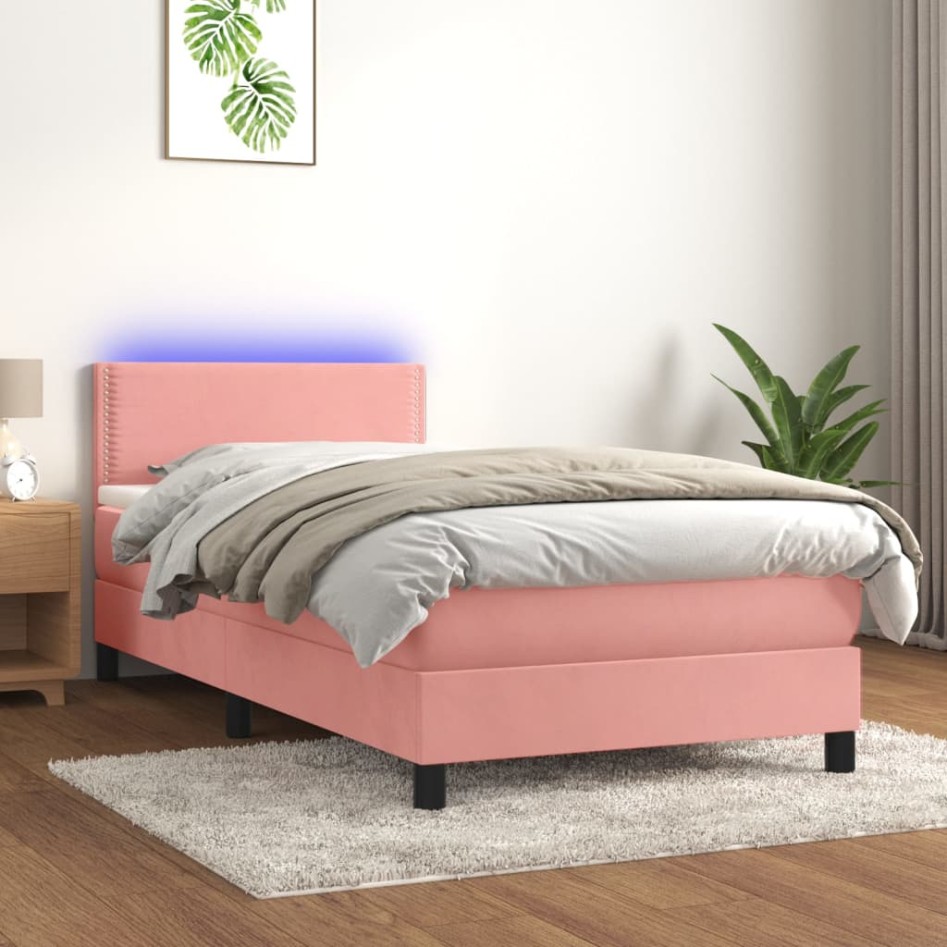 Cama box spring colchón y LED terciopelo rosa 100x200