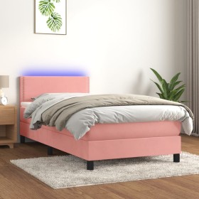 Cama box spring colchón y LED terciopelo rosa 90x200