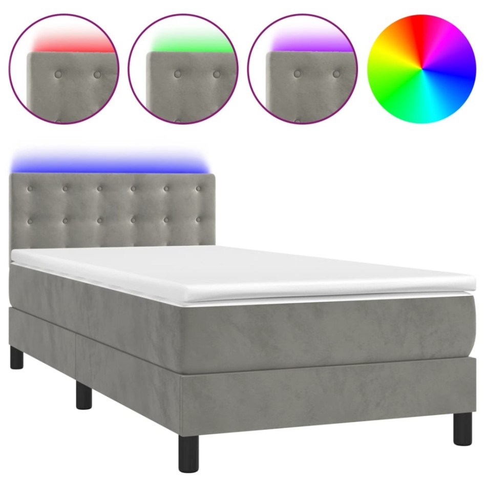 Cama box spring colchón y LED terciopelo gris claro 80x200