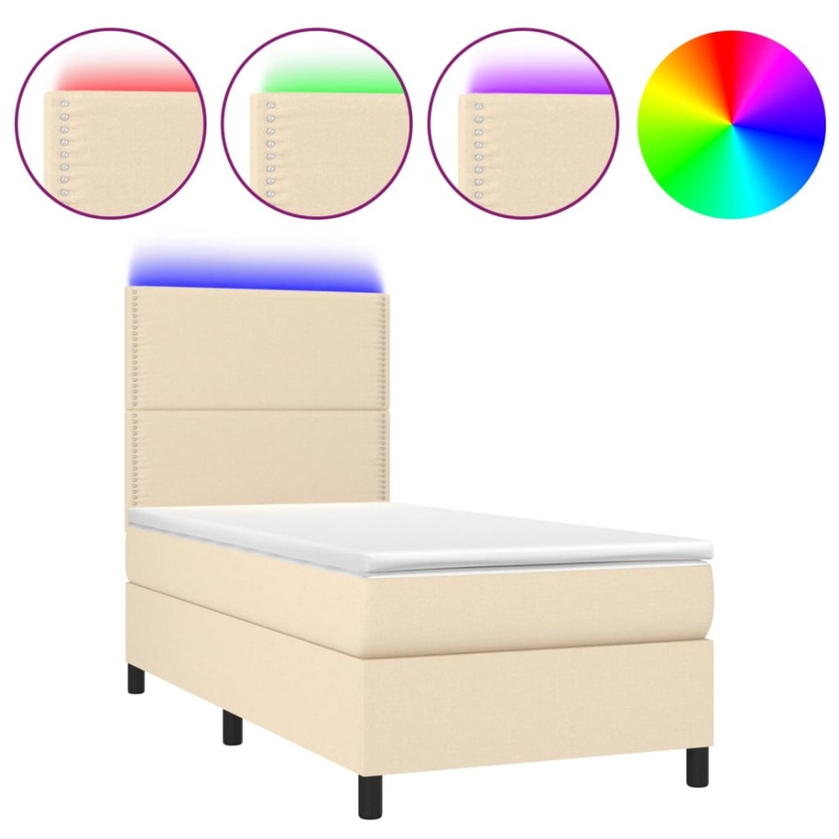 Cama box spring colchón y luces LED tela crema 90x200