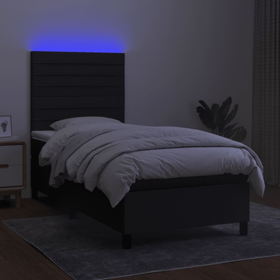 Cama box spring colchón y luces LED tela negro 90x200