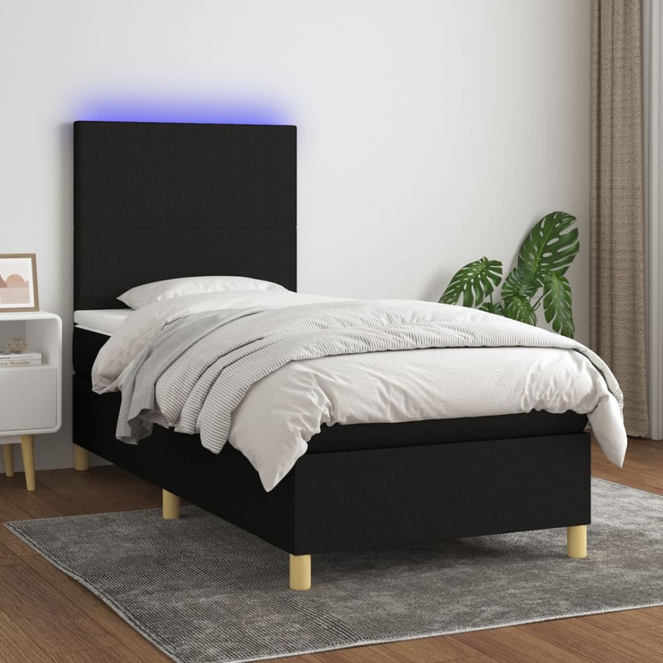 Cama box spring colchón y luces LED tela negro 80x200