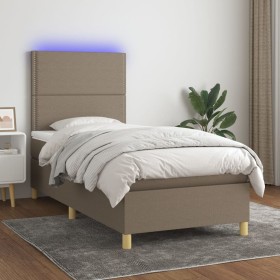 Cama box spring colchón y luces LED tela gris taupe 90x200